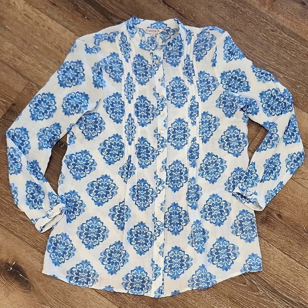 Nanette Lepore Pintuck Pleats Blue White Resortwear Patterned Tunic Blouse Small - Picture 1 of 9